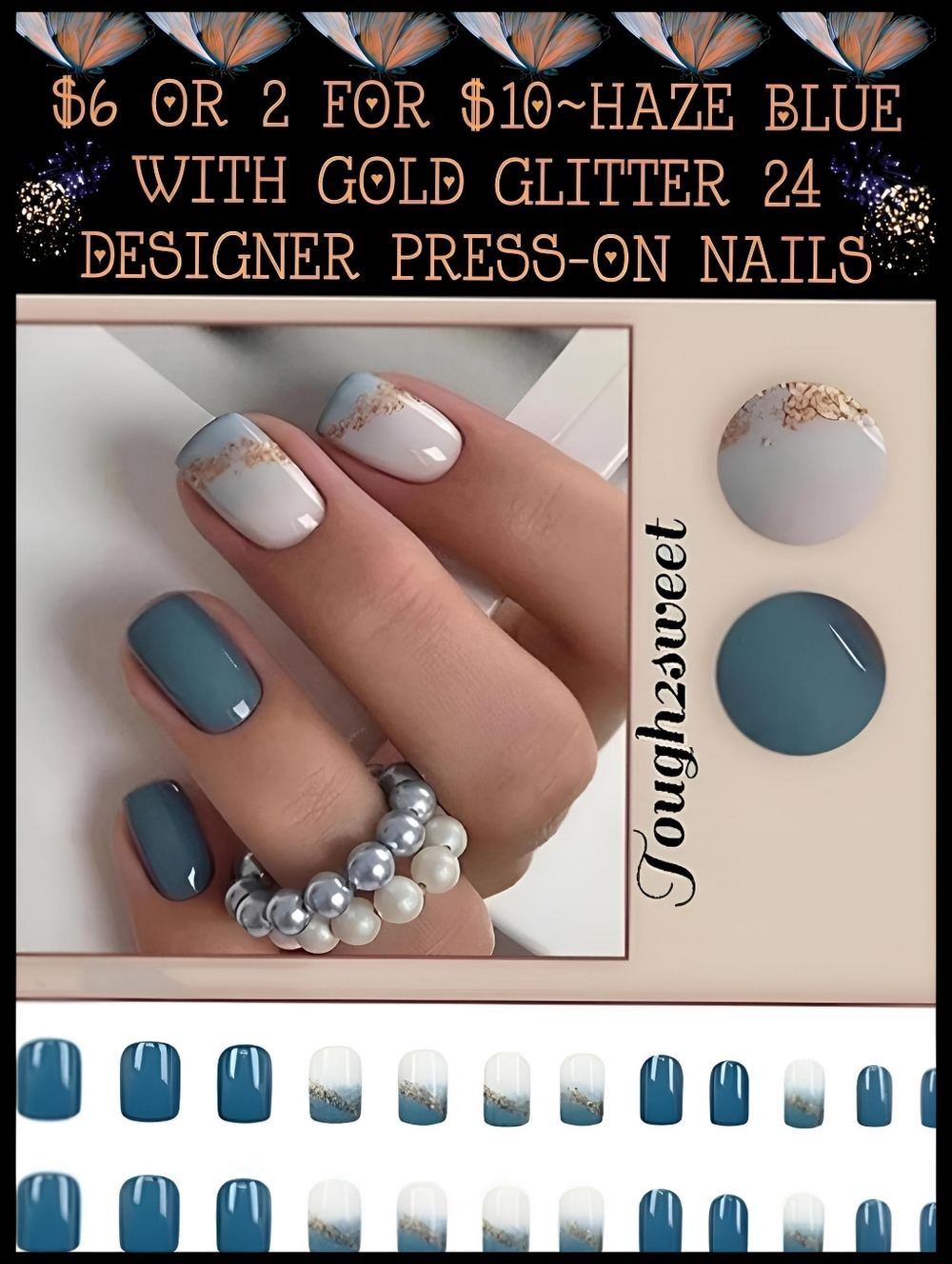 🆕$6 OR 2 FOR $10~HAZE BLUE WITH GOLD GLITTER 24 DESIGNER PRESS-ON NAILS